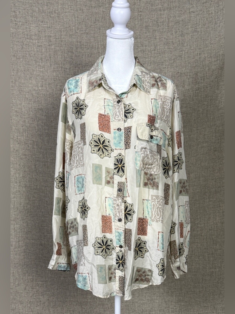 Vintage Diane Gilman 100% Silk Cream Shirt with Mint & Rust Accents